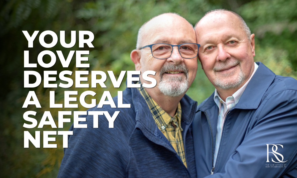 A married, elderly gay male couple embrace each other in a show of love and affection.